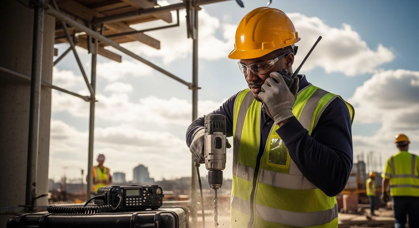 A field supervisor in a hard hat speaking on a handheld radio at a drilling site