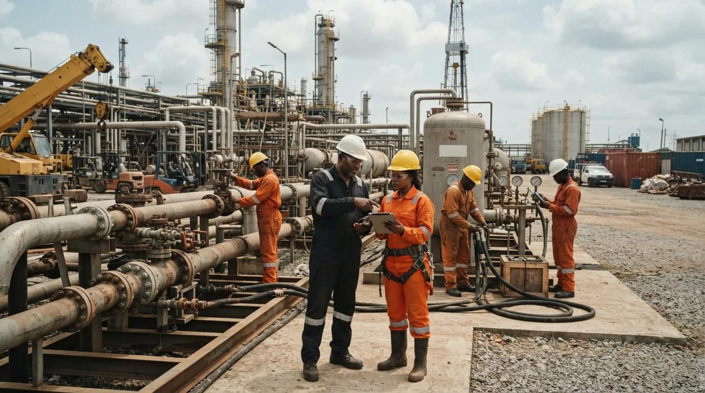 Engineers inspecting pipework and valves at an onshore oil and gas facility