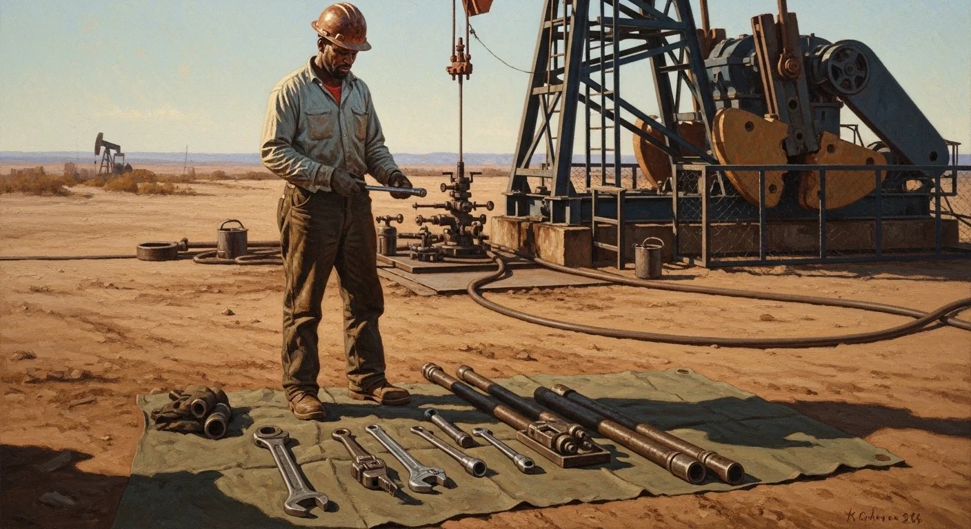 A field technician beside a pumpjack with drilling tools laid out on the ground