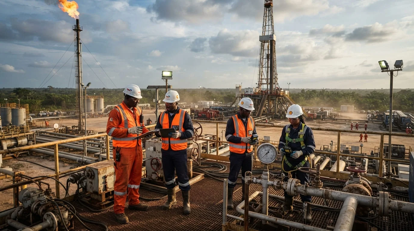An oilfield crew in high-visibility workwear beside a drilling rig and pipework