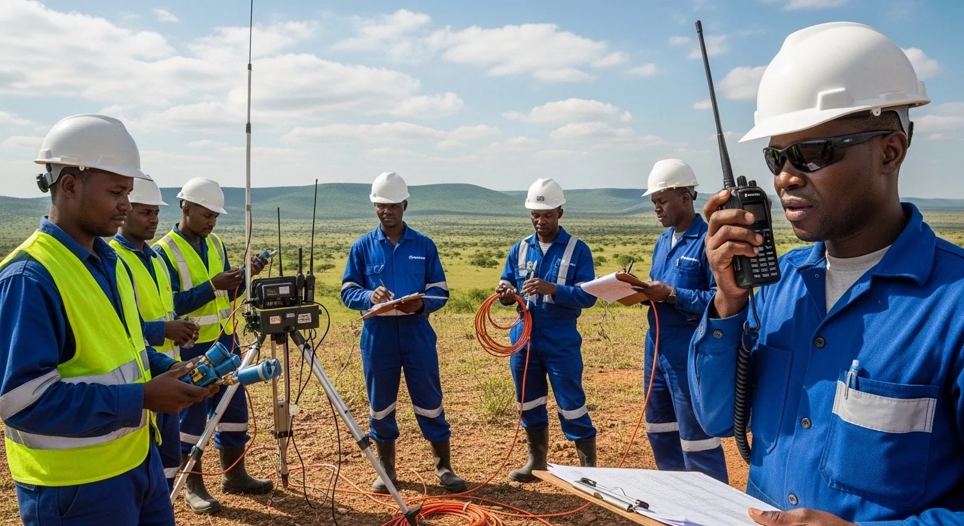 A seismic survey crew in blue coveralls using radios and survey equipment in the field