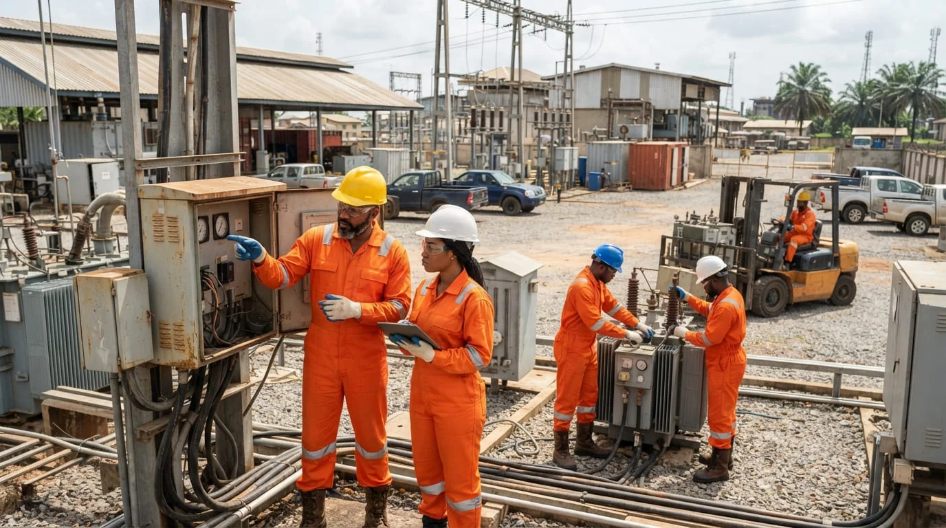 Energy professionals in orange coveralls working at an electrical substation