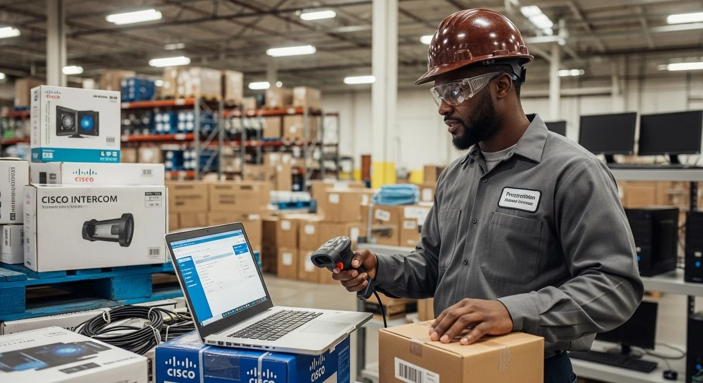 A technician scanning boxed CISCO intercoms and laptops in an equipment warehouse